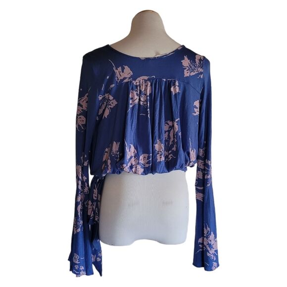 FREE PEOPLE Fiona Wrap Top, Boho, Blue Cobalt, XSmall, Bell Long Sleeves - Picture 6 of 16